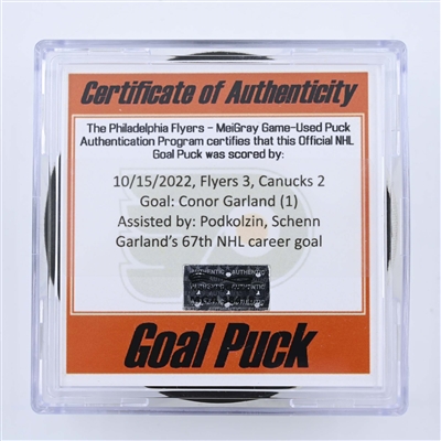 Conor Garland - Vancouver Canucks - Goal Puck - October 15, 2022 vs Philadelphia Flyers (Philadelphia Flyers logo)