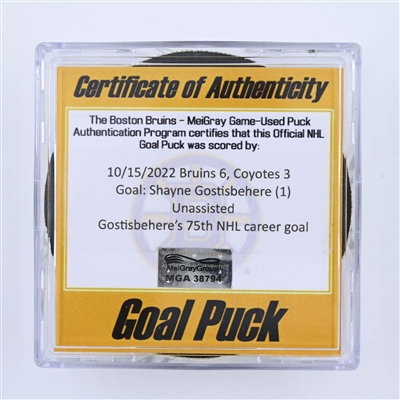 Shayne Gostisbehere - Arizona Coyotes - Goal Puck - October 15, 2022 vs. Boston Bruins (Bruins Logo) 