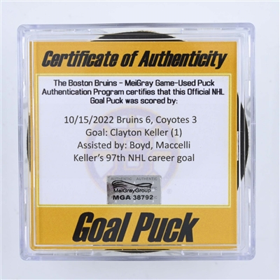 Clayton Keller - Arizona Coyotes - Goal Puck - October 15, 2022 vs. Boston Bruins (Bruins Logo) 