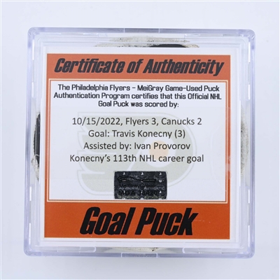 Travis Konecny - Philadelphia Flyers - Goal Puck - October 15, 2022 vs Vancouver Canucks (Philadelphia Flyers logo)