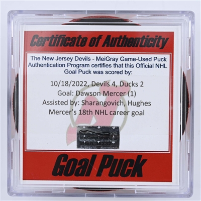 Dawson Mercer - New Jersey Devils - Goal Puck - October 18, 2022 vs. Anaheim Ducks  (Devils 40th Anniversary Logo)