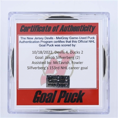 Jakob Silfverberg - Anaheim Ducks - Goal Puck - October 18, 2022 vs. New Jersey Devils  (Devils 40th Anniversary Logo)