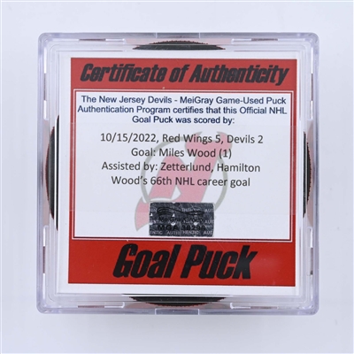 Miles Wood - New Jersey Devils - Goal Puck - October 15, 2022 vs. Detroit Red Wings (Devils 40th Anniversary Logo)