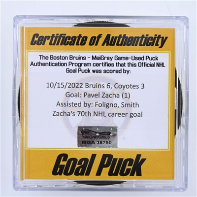 Pavel Zacha - Boston Bruins - Goal Puck - October 15, 2022 vs. Arizona Coyotes (Bruins Logo) 