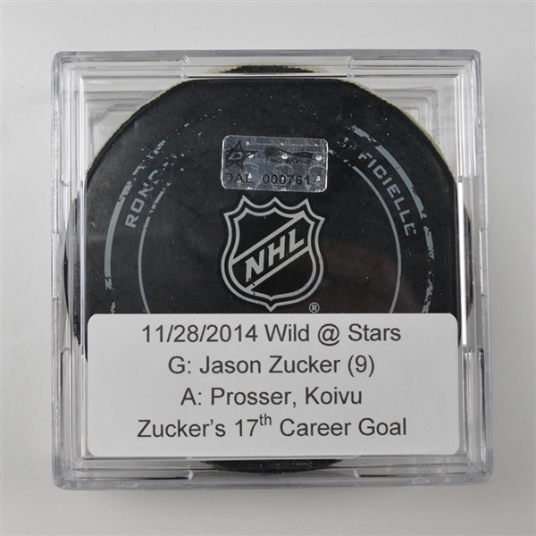 Jason Zucker - Minnesota Wild - Goal Puck - November 28, 2014 vs. Dallas Stars (Stars Logo) - DAL000761