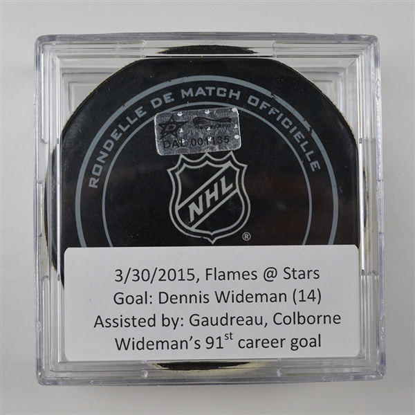 Dennis Wideman - Calgary Flames - Goal Puck - March 30, 2015 vs. Dallas Stars (Stars Logo) - DAL001135