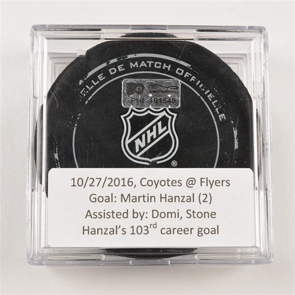 Martin Hanzal - Arizona Coyotes - Goal Puck - October 27, 2016 vs. Philadelphia Flyers (Flyers Heritage Night Logo)