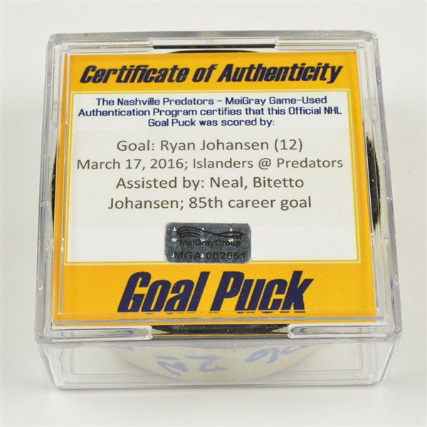 Ryan Johansen - Nashville Predators - Goal Puck - March 17, 2016 vs. New York Islanders (Predators logo)