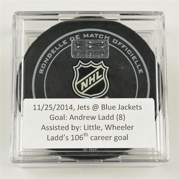 Andrew Ladd - Winnipeg Jets - Goal Puck - November 25, 2014 vs. Columbus Blue Jackets (Blue Jackets Logo)