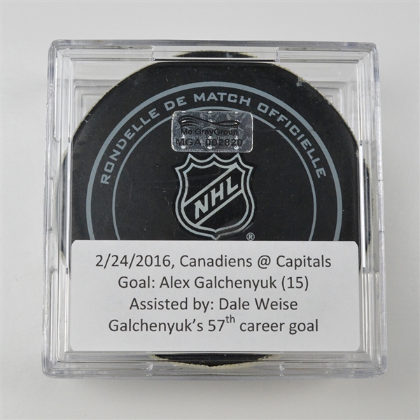 Alex Galchenyuk - Montreal Canadiens - Goal Puck - February 24, 2016 vs. Washington Capitals (Capitals Logo) - MGA002820