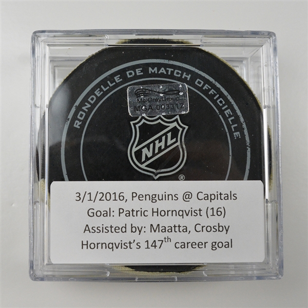 Patric Hornqvist - Pittsburgh Penguins - Goal Puck - March 1, 2016 vs. Washington Capitals (Capitals Logo) - MGA003312