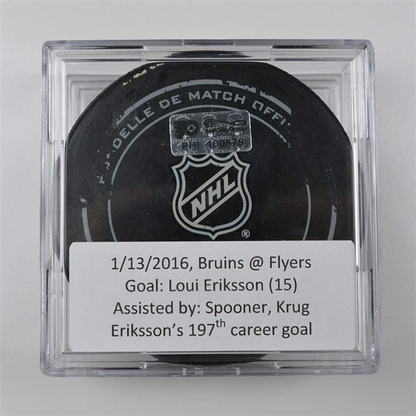 Loui Eriksson - Boston Bruins - Goal Puck - January 13, 2016 vs. Philadelphia Flyers (Flyers Logo) - PHI100879