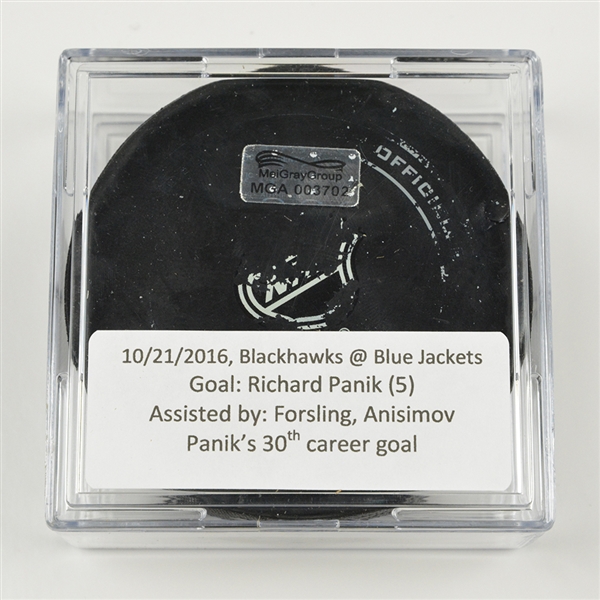 Richard Panik - Chicago Blackhawks - Goal Puck - October 21, 2016 vs. Columbus Blue Jackets (Blue Jackets Logo)