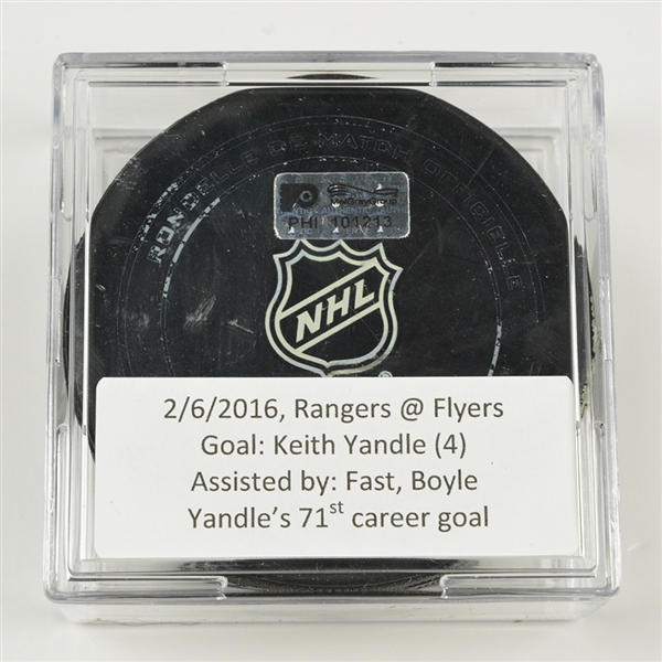 Keith Yandle - New York Rangers - Goal Puck - February 6, 2016 vs. Philadelphia Flyers (Flyers Logo)