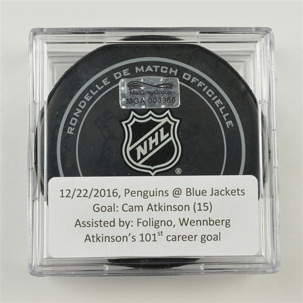 Cam Atkinson - Columbus Blue Jackets - Goal Puck - December 22, 2016 vs. Pittsburgh Penguins (Blue Jackets Logo)