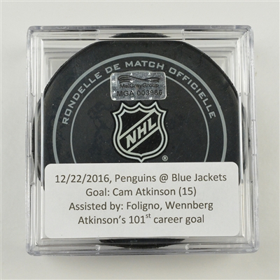 Cam Atkinson - Columbus Blue Jackets - Goal Puck - December 22, 2016 vs. Pittsburgh Penguins (Blue Jackets Logo)