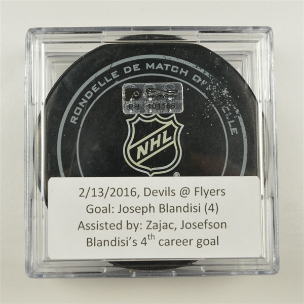 Joseph Blandisi - New Jersey Devils  - Goal Puck - February 13, 2016 vs. Philadelphia Flyers (Flyers Logo)