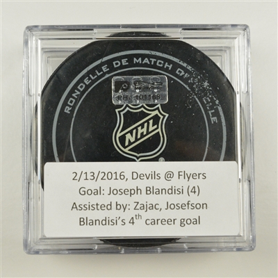 Joseph Blandisi - New Jersey Devils  - Goal Puck - February 13, 2016 vs. Philadelphia Flyers (Flyers Logo)