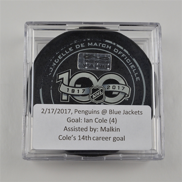 Ian Cole - Pittsburgh Penguins - Goal Puck - February 17, 2017 vs. Columbus Blue Jackets (Blue Jackets Logo)