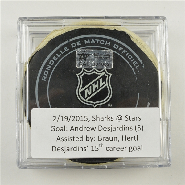 Andrew Desjardins - San Jose Sharks - Goal Puck - February 19, 2015 vs. Dallas Stars (Stars Logo)