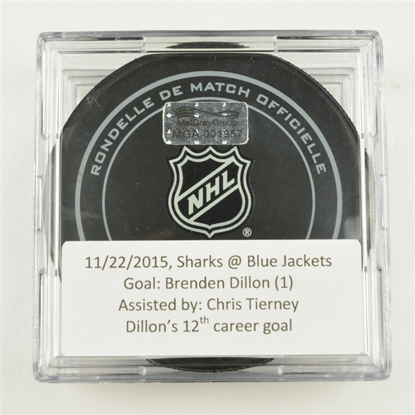 Brenden Dillon - San Jose Sharks - Goal Puck - November 22, 2015 vs. Columbus Blue Jackets (Blue Jackets Logo)