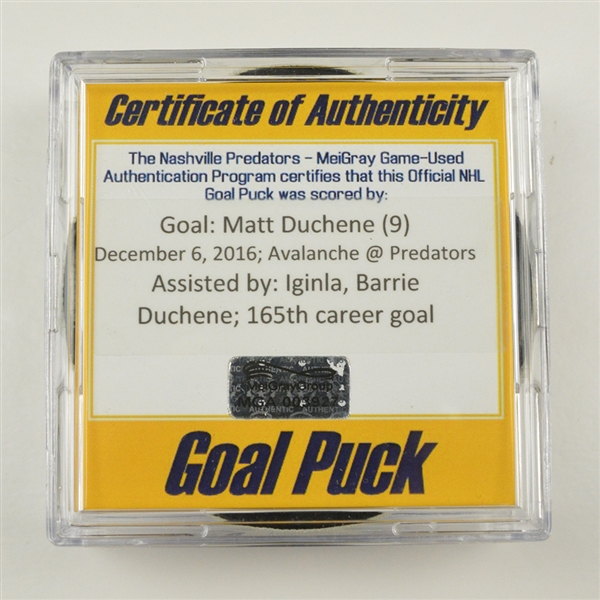 Matt Duchene - Colorado Avalanche - Goal Puck - December 6, 2016 vs. Nashville Predators (Predators Logo)