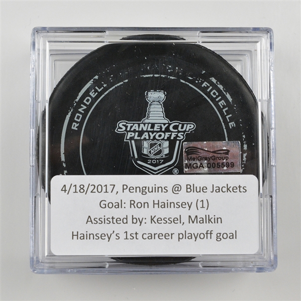 Ron Hainsey - Pittsburgh Penguins - Goal Puck (Kessel and Malkin Assist) - April 18, 2017 vs. Columbus Blue Jackets (Blue Jackets Logo)