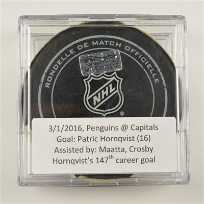 Patric Hornqvist - Pittsburgh Penguins - Goal Puck - March 1, 2016 vs. Washington Capitals (Capitals Logo)