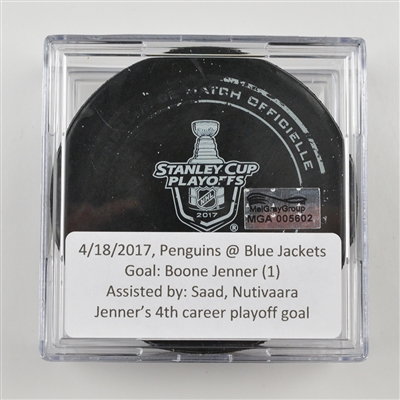 Boone Jenner - Columbus Blue Jackets - Goal Puck - April 18, 2017 vs. Pittsburgh Penguins (Blue Jackets Logo)