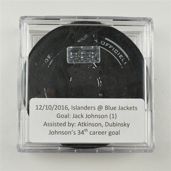 Jack Johnson - Columbus Blue Jackets - Goal Puck - December 10, 2016 vs. New York Islanders (Blue Jackets Logo)