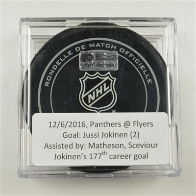 Jussi Jokinen - Florida Panthers - Goal Puck - December 6, 2016 vs. Philadelphia Flyers (Flyers Logo)