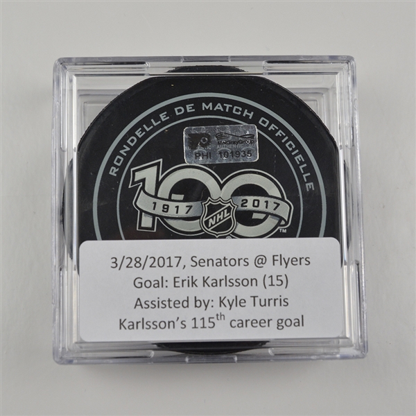 Erik Karlsson - Ottawa Senators - Goal Puck - March 28, 2017 vs. Philadelphia Flyers (Flyers Logo)