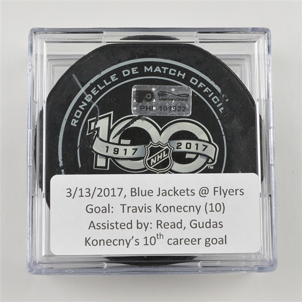 Travis Konecny - Philadelphia Flyers - Goal Puck - March 13, 2017 vs. Columbus Blue Jackets (Flyers Logo)