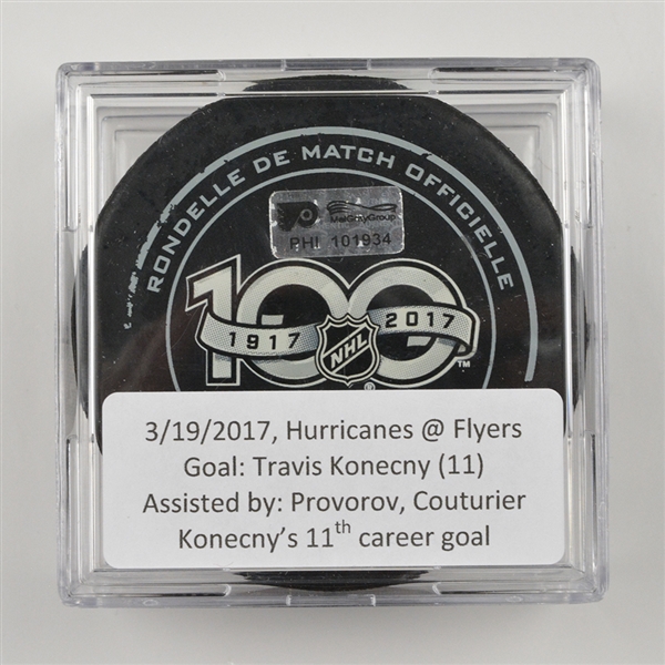 Travis Konecny - Philadelphia Flyers - Goal Puck - March 19, 2017 vs. Carolina Hurricanes (Flyers Logo)