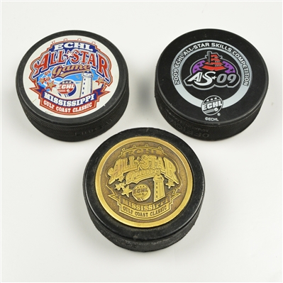 2009 ECHL All-Star Puck Collection - Game Puck, Skills Puck and Puck w/Bronze Relief Plaque