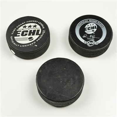 2009 ECHL All-Star Puck Collection - Game Puck, Skills Puck and Puck w/Bronze Relief Plaque