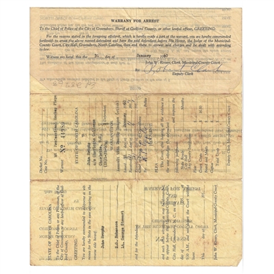 1960 Affidavit and Warrant for Arrest - State of North Carolina vs. John Brophy - Assault with a Deadly Weapon