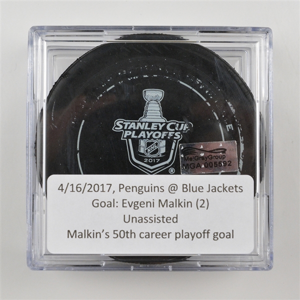 Evgeni Malkin - Pittsburgh Penguins - Goal Puck - April 16, 2017 vs. Columbus Blue Jackets (Blue Jackets Logo)