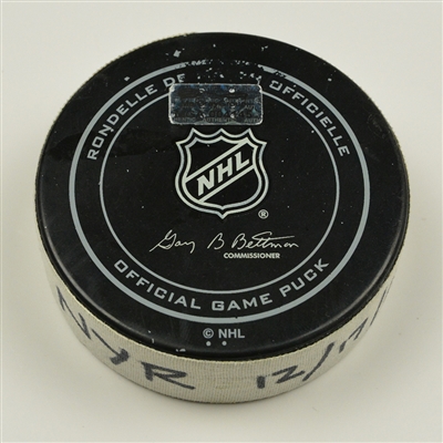 Rick Nash - New York Rangers - Goal Puck - December 17, 2016 vs. Nashville Predators (Predators Logo)