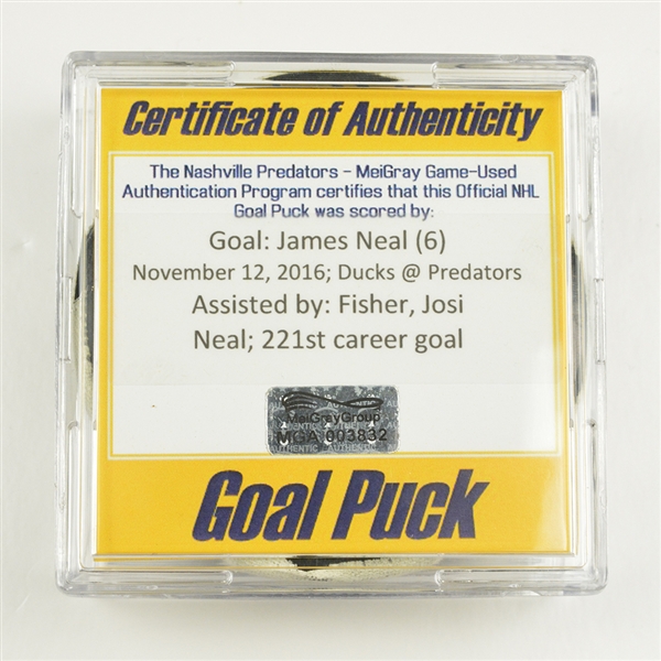 James Neal - Nashville Predators - Goal Puck - November 12, 2016 vs. Anaheim Ducks  (Predators Logo)