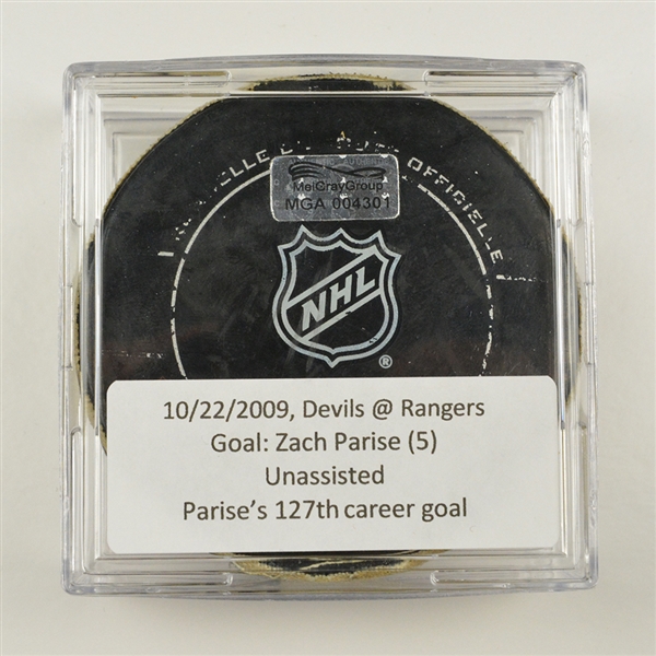 Zach Parise - New Jersey Devils - Goal Puck - October 22, 2009 vs. New York Rangers (Rangers Logo)