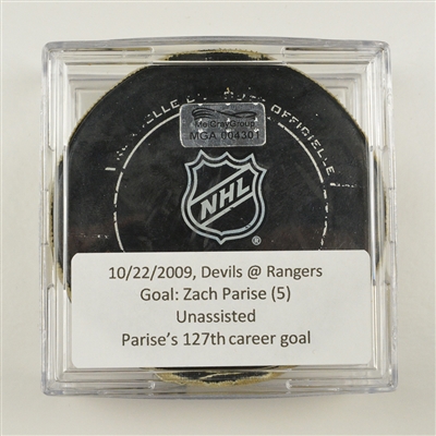 Zach Parise - New Jersey Devils - Goal Puck - October 22, 2009 vs. New York Rangers (Rangers Logo)
