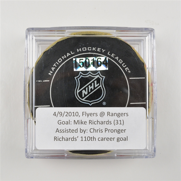 Mike Richards - Philadelphia Flyers - Goal Puck - April 9, 2010 vs. New York Rangers (Rangers Logo)