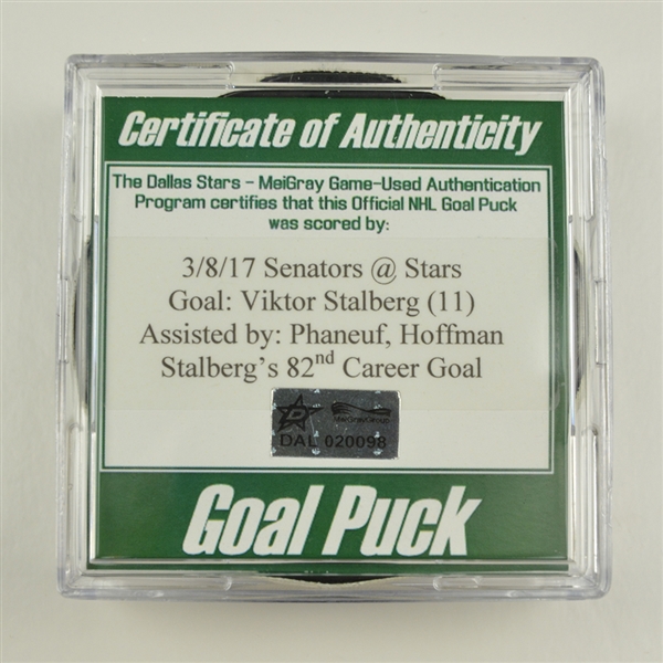 Viktor Stalberg - Ottawa Senators - Goal Puck - March 8, 2017 vs. Dallas Stars (Stars Logo)