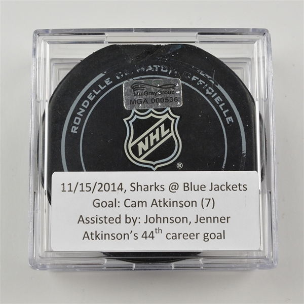 Cam Atkinson - Columbus Blue Jackets - Goal Puck - November 15, 2014 vs. San Jose Sharks (Blue Jackets Logo)