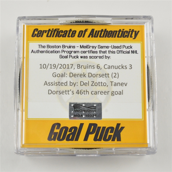 Derek Dorsett - Vancouver Canucks - Goal Puck - October 19, 2017 vs. Boston Bruins (Bruins Logo)