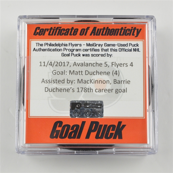Matt Duchene - Colorado Avalanche - Goal Puck - November 4, 2017 vs. Philadelphia Flyers (Flyers Logo)