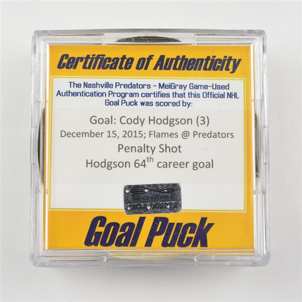 Cody Hodgson - Nashville Predators - Goal Puck - December 15, 2015 vs. Calgary Flames (Predators Logo)