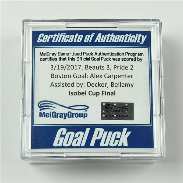 Alex Carpenter - Boston Pride - Goal Puck - March 19, 2017 vs. Buffalo Beauts (Isobel Cup Playoffs Logo) - Isobel Cup Final