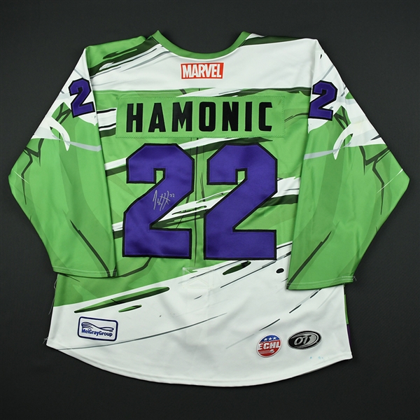 Justin Hamonic - Worcester Railers - 2017-18 MARVEL Super Hero Night - Game-Worn Autographed Jersey